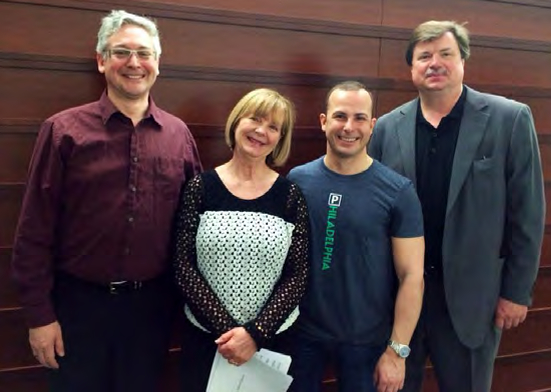 During an April trip to Philadelphia, ICSOM Chairperson Bruce Ridge (right) meets with Philadelphia Orchestra musicians backstage at Verizon Hall at the Kimmel Center for the Performing Arts. Also pictured are (left to right): ICSOM delegate John Koen, musicians’ chair Gloria dePasquale, and Music Director Yannick Nézet-Séguin. Ridge also met with Local 77 President Joe Parente and members of the orchestra’s management.