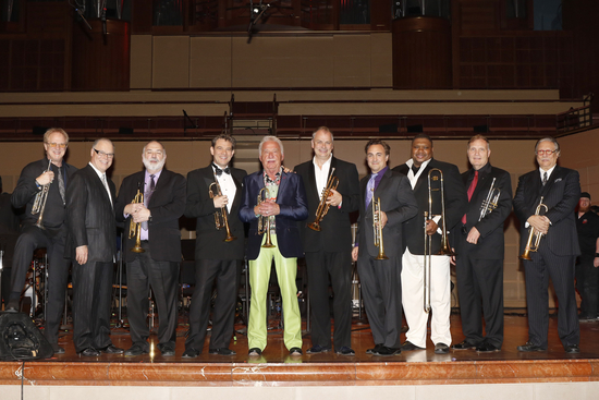 The author with some of the Cancer Blows guest artists (left to right): Lee Loughnane, Jeff Tyzik, Vince DiMartino, Doc Severinsen, Jens Lindemann, Anthony DiLorenzo, Wycliffe Gordon, Phil Smith, Arturo SandovalPhoto credit: Dana Driensky