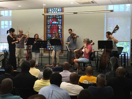 Jennifer Kim (National), Greg Mulligan (Baltimore), the Author (Nashville), Anne Marie Brink (Dallas), Steve Flanter (Hawaii), John Koen (Philadelphia), Debbie Brooks (Fort Worth), and Ed Malaga (Local 161-710) perform at the Central Union MissionPhoto credit: Bruce Ridge