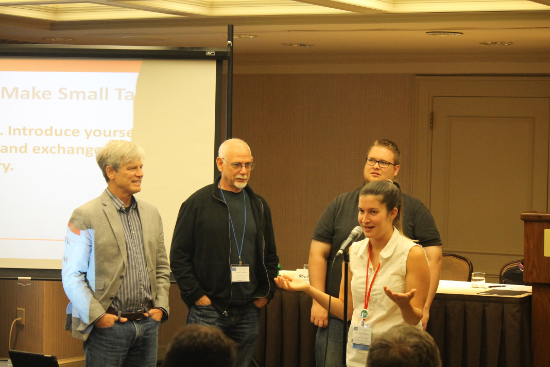 Acknowledged extroverts Greg Mulligan (Baltimore), Brian Gordon (Phoenix), Doug Rosenthal (Kennedy Center) and Danielle Kuhlmann (San Diego) demonstrate Randy Whatley’s techniques for interacting with donors Photo credit: Dan Sweeley