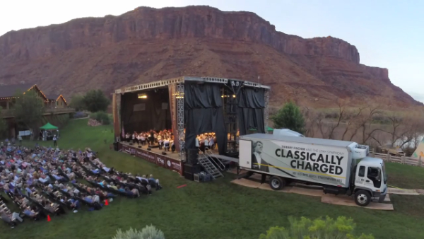 The Utah Symphony performing on the portable stage at Red Cliffs Lodge during the orchestra’s Mighty 5 Tour in 2014 (Watch the stage being set up here)Photo credit: Courtesy of Utah Symphony Utah Opera