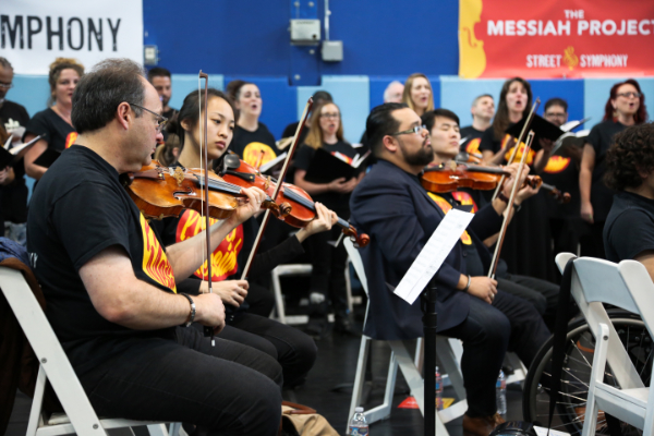 LA Philharmonic violinist Mitch Newman, Colburn Conservatory student Chandler Yu, Vijay GuptaPhoto credit: Kat Bawden